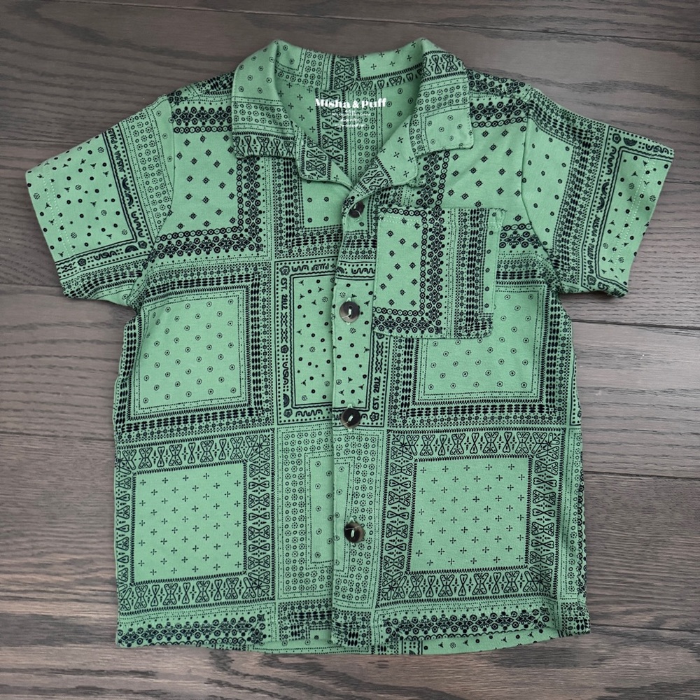 Misha & Puff Kids Button Down Pea pod Green Bandana Shirt Pima cotton